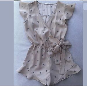 Beige & Blue Sailboat Pattern Self Tie Romper S